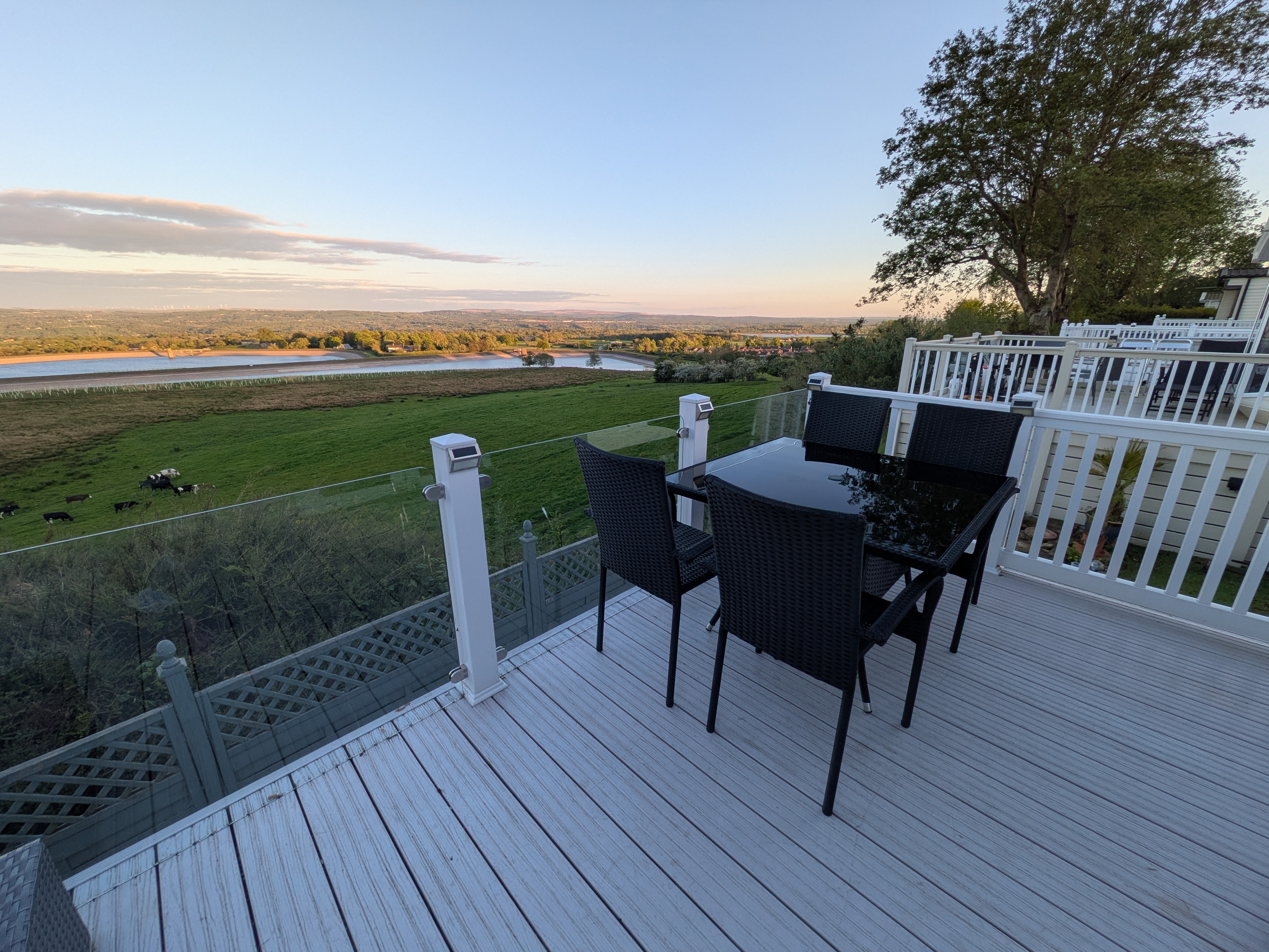 Private decking at sunset with Ribble Valley views