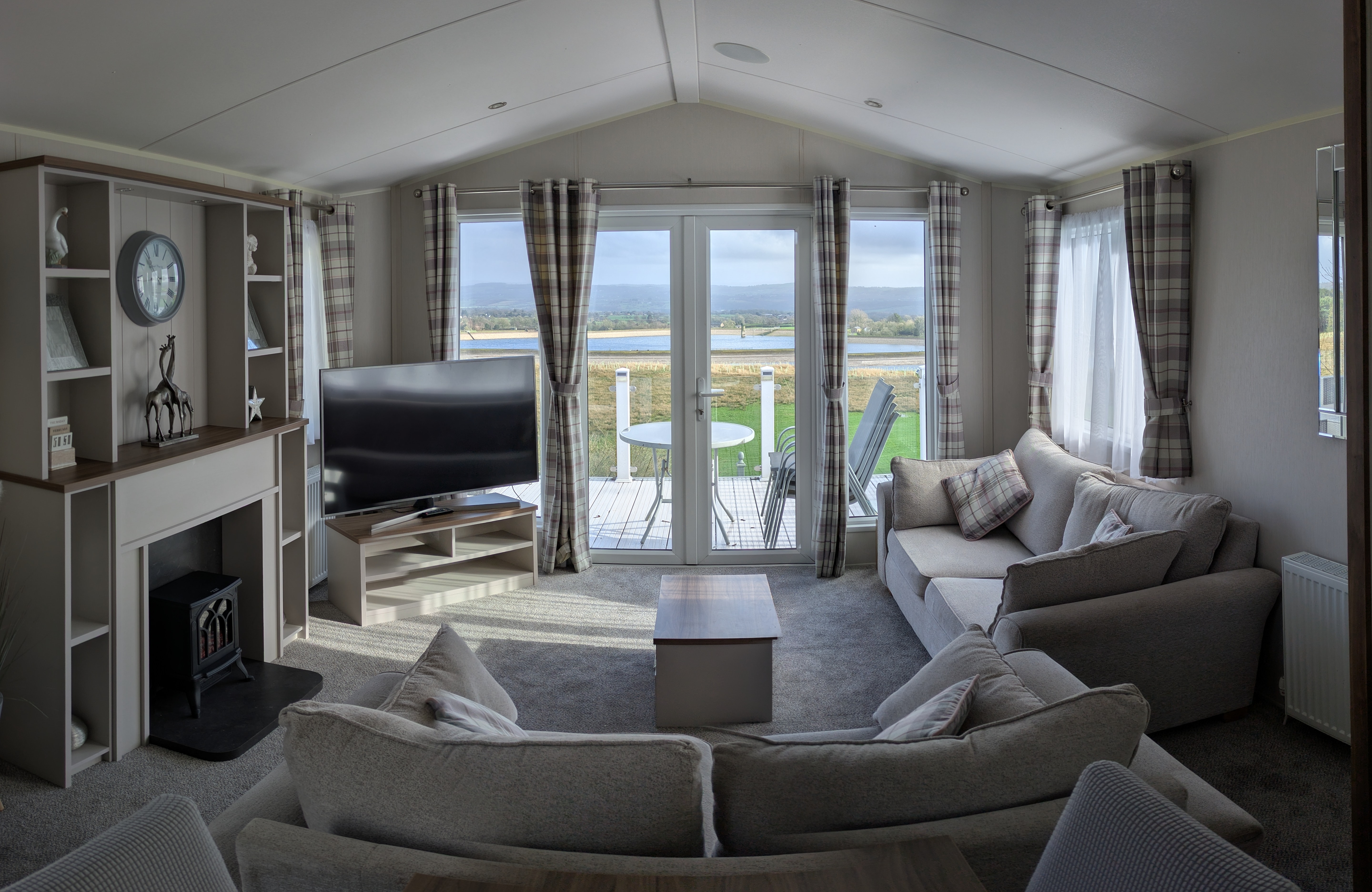 Lake View lounge with Dilworth Reservoir beyond — static caravan holiday Longridge Lancashire